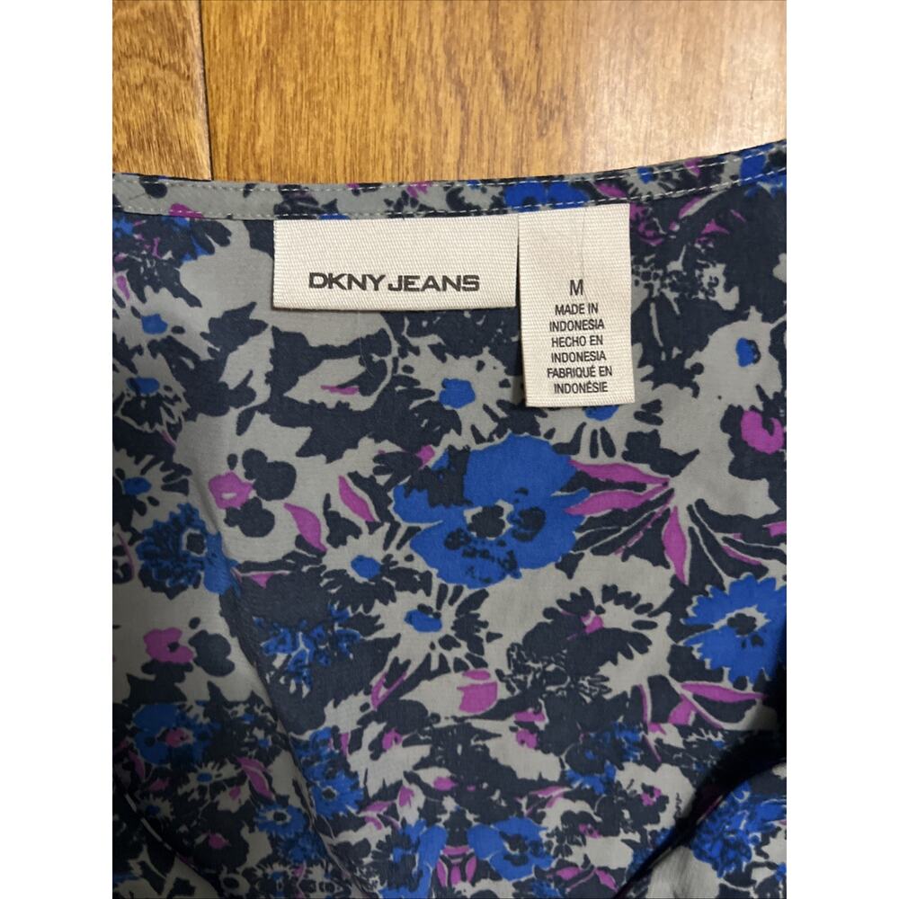 DKNY Jeans Floral Fit & Flare Mini Dress Size M Blue Ruffle Pockets Cottage Work - Picture 3 of 10